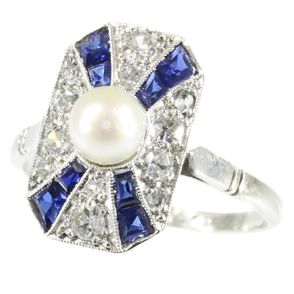 Stylish Art Deco diamond sapphire and pearl ring